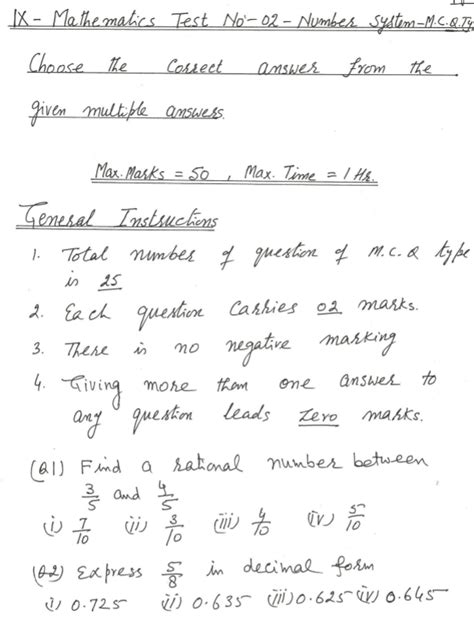 CBSE 9th Maths MCQ Multiple Choice Questions on Number …