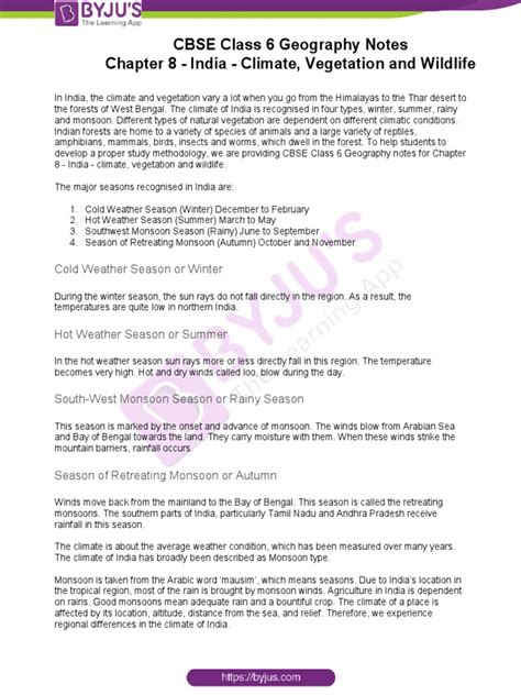 CBSE Class 6 Geography Notes Chapter 8 - India - Climate, Vegetation ... - muktibox.com