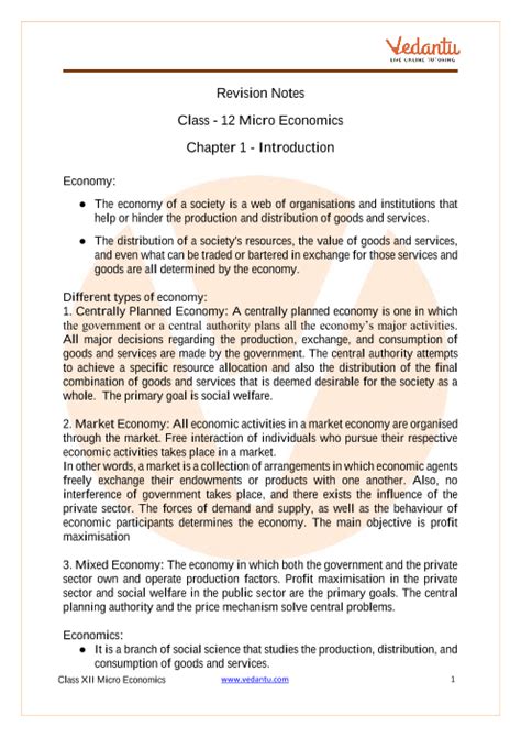 CBSE Class 12 Micro Economics Revision Notes - Vedantu