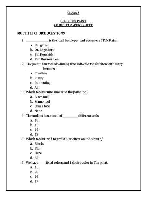 CBSE Class 3 Computer Tux Paint Worksheet - StudiesToday