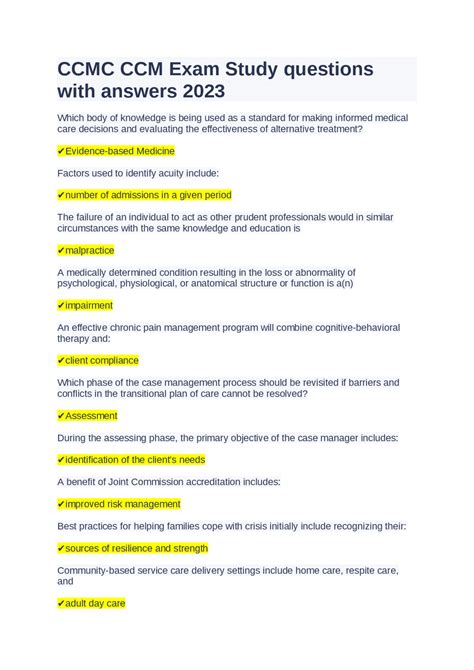 CCMC CCM Exam Study questions with answers 2023 Exams Nursing Docsity