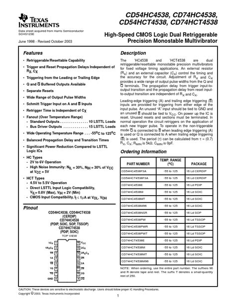 CD54HC4538 data sheet, product information and support TI.com