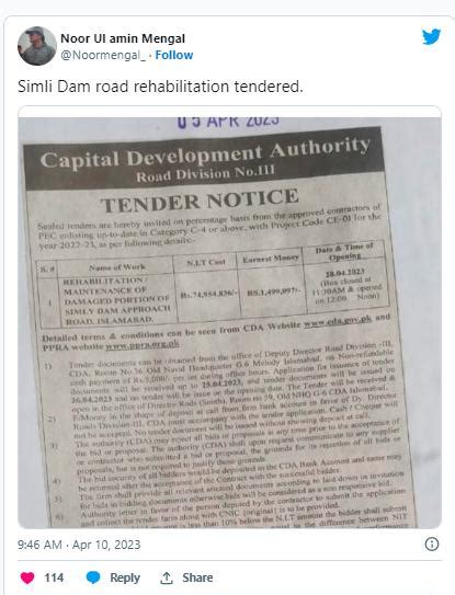 CDA invites tender for Simly Dam Road Project- Zameen News