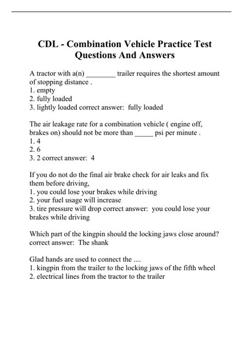CDL Combination Vehicle Practice Test Questions And Answers( With