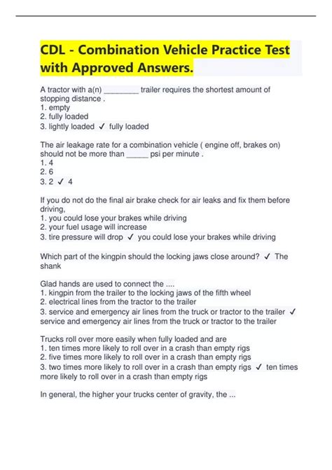 CDL Combination Vehicle Practice Test with Approved Answers Latest