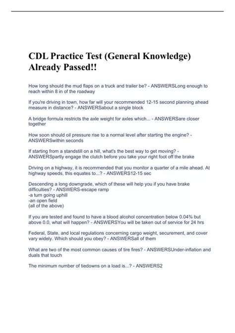 CDL General KnowledgePractice Test Already Passed 2023 CDL Stuvia US