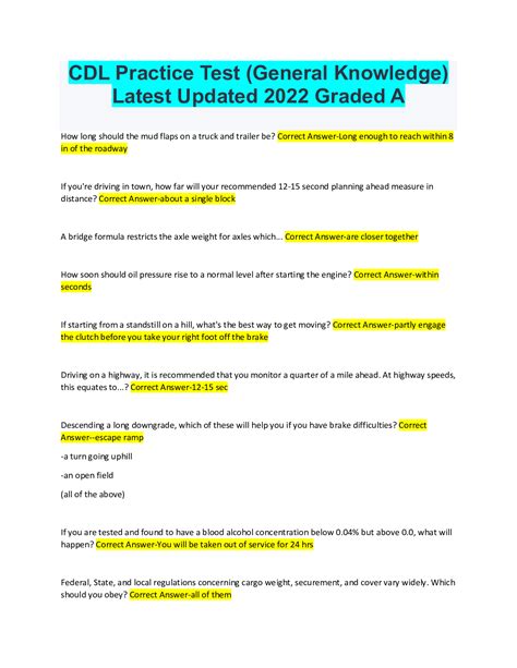 CDL Test Questions and Answers 2022 With Complete Solution Rated A
