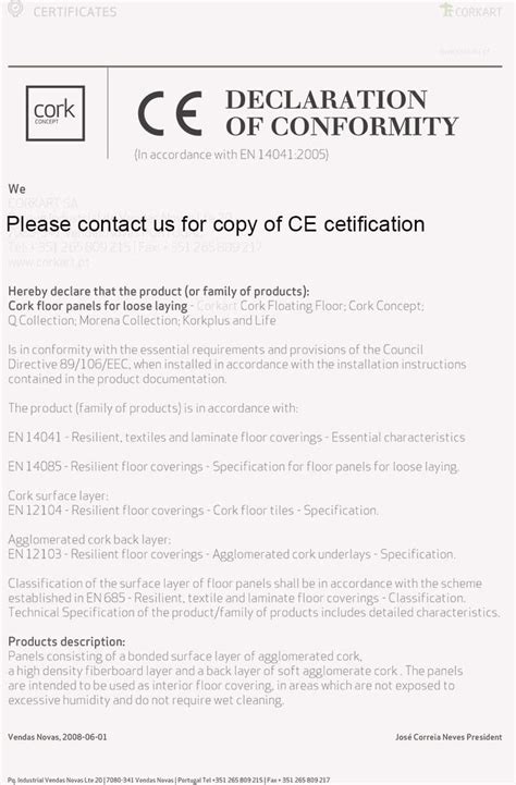 CE declaration of conformity cork flooring