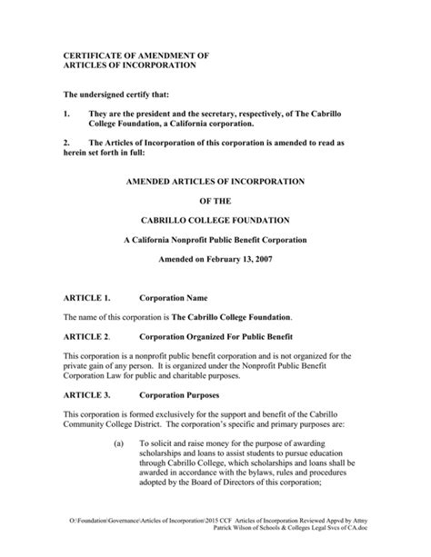CERTIFICATE OF AMENDMENT OF ARTICLES OF INCORPORATION The undersigned