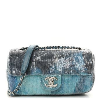 CHANEL Sequin Large Waterfall Flap Light Blue FASHIONPHILE