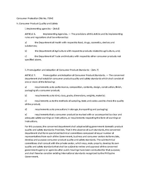 CHAPTER I CONSUMER PRODUCT QUALITY AND SAFETY - RA 7394