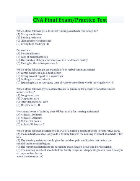 CNA Final Exam/Practice Test Questions And Answers Latest Update 2022