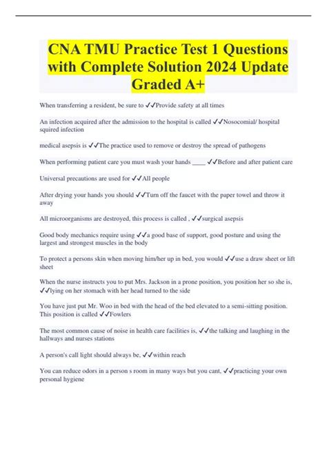 CNA TMU Practice Test 1 Questions with Complete Solution 2024 Update