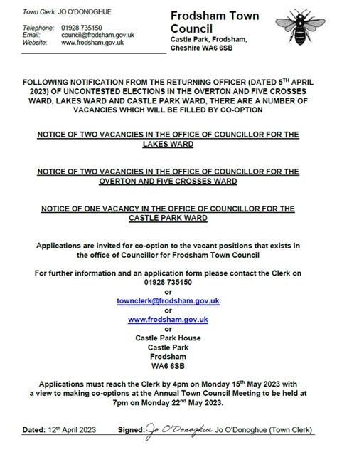 CO-OPTION VACANCIES - Frodsham Town Council