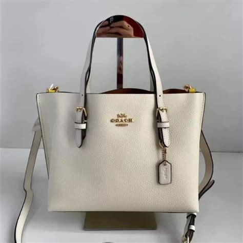 COACH Mollie 25 Beige White Raffia Straw Gold Zip Handbag …