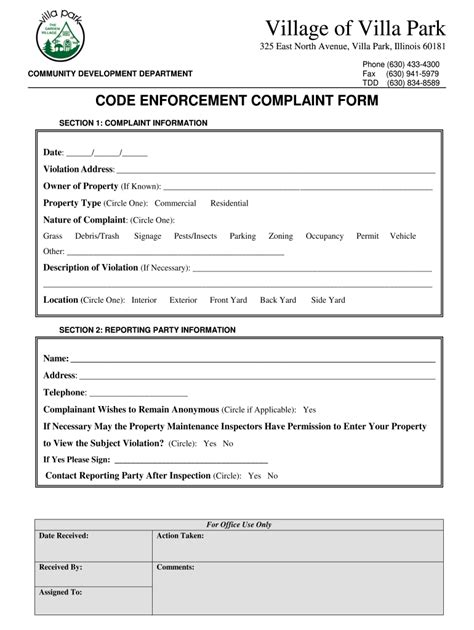 CODE ENFORCEMENT COMPLAINT FORM Villa Park Illinois Fill and Sign