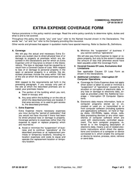 COMMERCIAL PROPERTY CP 00 50 06 07 EXTRA EXPENSE COVERAGE FORM Fill