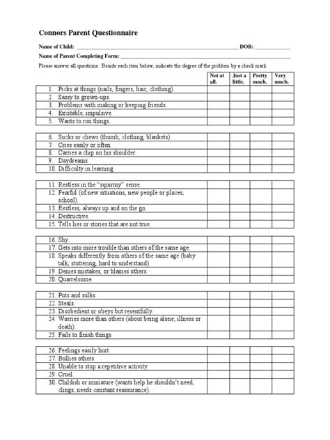 CONNERS ADHD Checklists and Rating Scale Summary Sheet PDF