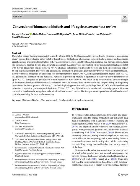 Conversion of biomass to biofuels and life cycle assessment: a review ... - wintechmobiles.com