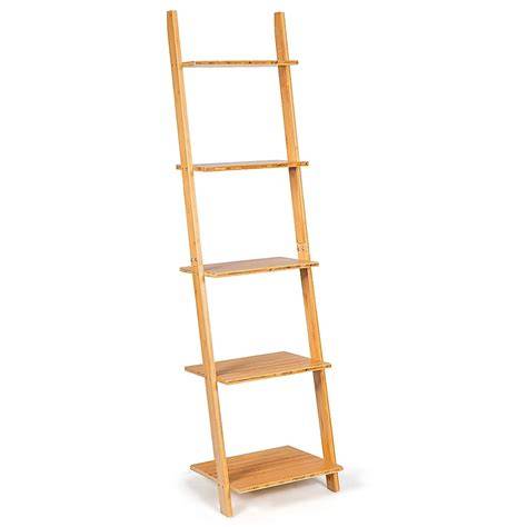 Costway 5-Tier Ladder Shelf Modern Bamboo Leaning Bookshelf Ladder ... - raincitystudios.com