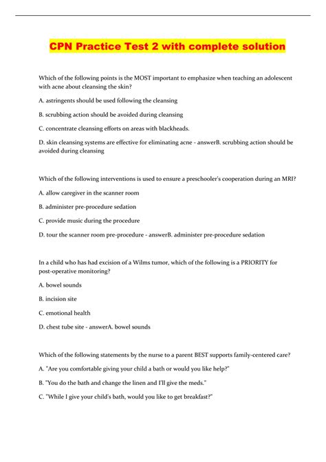 CPN Practice Test 2 with complete solution Cpn Stuvia US