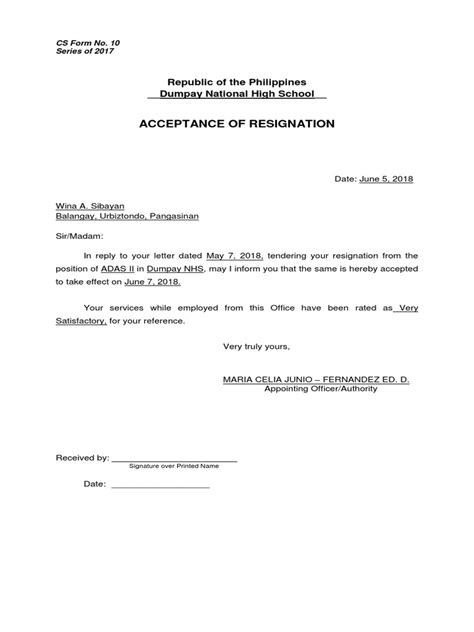 CS Form No. 10 Acceptance of Resignation 1 PDF - Scribd