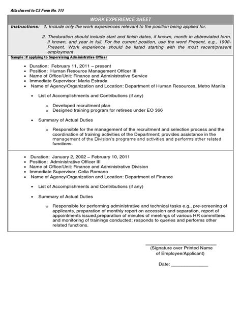 CS Form No. 212 Attachment Work Experience Sheet Human Resource
