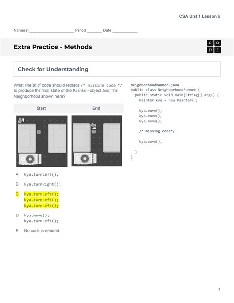 CSA U1L5 Methods Extra Practice CSA Unit 1 Lesson 5 Name(s