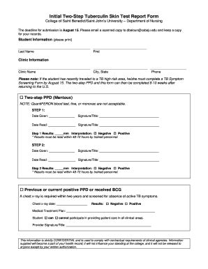 CSBSJU Initial TwoStep Tuberculin Skin Test Report Form Fill and