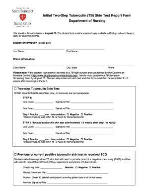 CSBSJU Initial TwoStep Tuberculin Skin Test Report Form Fill and Sign Printable Template