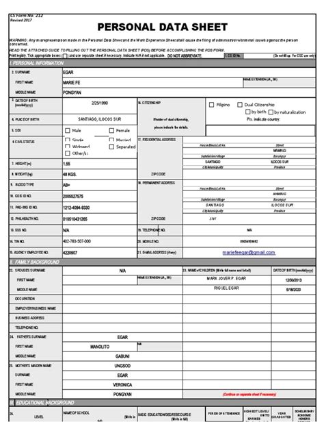 CSC Personal Data Sheet Government Social Institutions