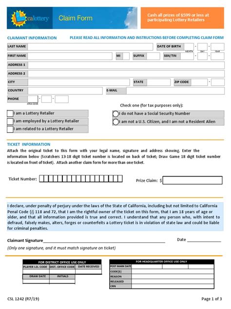 CSL 1242 Claim Form PDF PDF Lottery Social Security Number