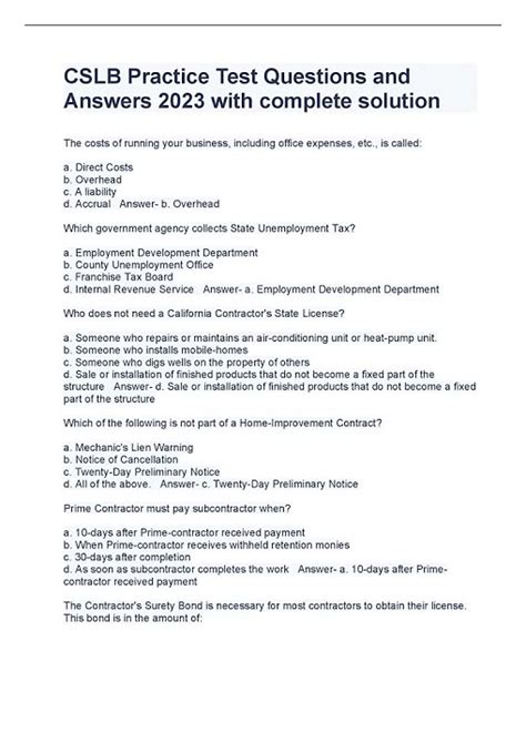 CSLB Practice Test Questions and Answers 2023 with complete solution