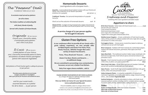 CUCKOO TRATTORIA AND PIZZERIA, Coombs - Menu, Prezzo