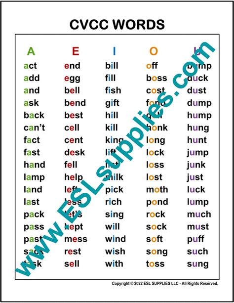 CVCC Word List ESL English Language Classroom Poster Chart Adult K12