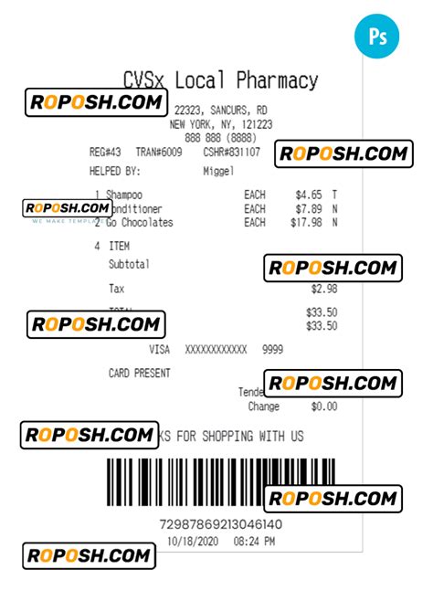 CVSx LOCAL PHARMACY payment receipt PSD template roposh