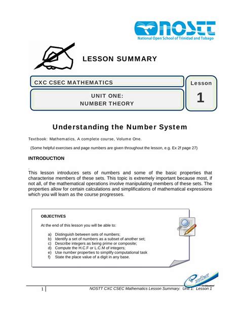 CXC CSEC MATHEMATICS Lesson UNIT Three: Set …