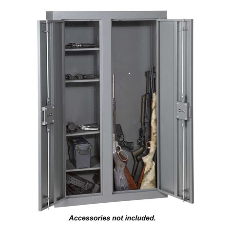 Cabela's gun cabinets. This 10 Gun double door Security Cabinet with convertible interior comes with two separately keyed locks; allowing for storage of guns separate from ammunition or for varied levels of access for family members. Molded barrel rests with included scoped rifle standoffs will hold long guns in place for a lifetime. The 3-point locking system and ... 