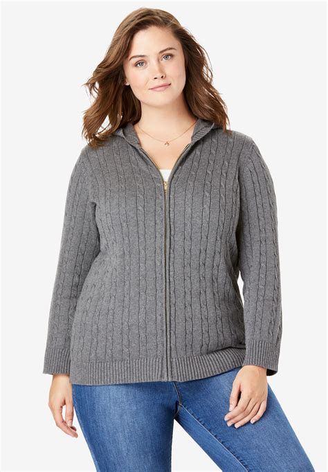 Cable Knit ZipFront Cardigan Plus Size Cardigans Woman Within
