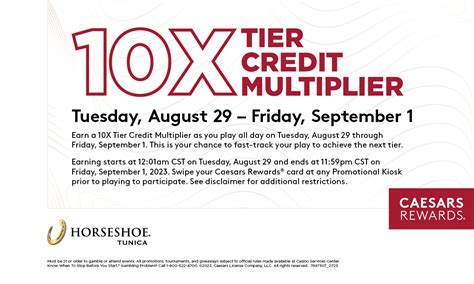 Caesars rewards 10x tier credit multiplier. 7. After registering for the Promotion, Participants will receive a total of 5X Tier Credit Multiplier. 8. Participants will have their earned Tier Credits multiplied by 4 (4X). The original Tier Credit amount that the Participant earned (1X) will be added to the 4X multiplied Tier Credit amount, resulting in the full 5X Tier Credit Multiplier. a. 