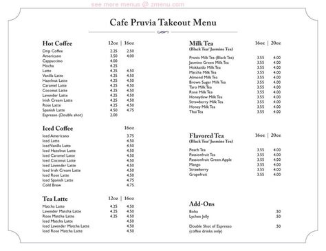 Cafe pruvia menu. One of the highlights of Cafe Pruvia is its extensive menu, featuring a wide variety of coffee and tea options. From classic espressos and lattes to flavorful herbal teas and aromatic blends, there is something to suit every taste preference. The cafe also offers … 
