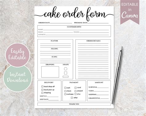 Cake Order Form Editable Canva Template Order Forms Etsy Cake order