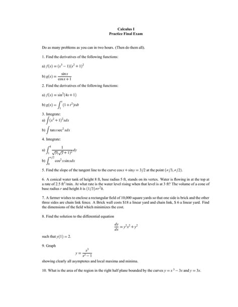 Prepare for the final exam of 18.02SC Multivariable Calculus with this practice test from Fall 2010. You can find the problems, solutions, and grading rubric on this webpage. Review the concepts and skills of calculus in multiple dimensions and ace your exam.. 