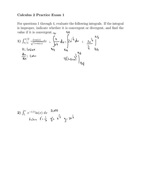 Calc 2 practice exam 1.  It includes multiple-choice questions designed to ...