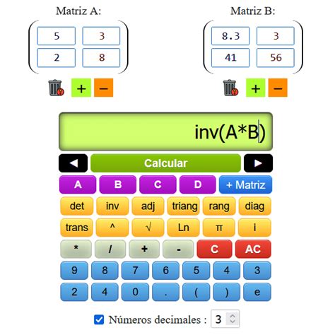 Calculadora de matrices online.  Diversión + mejorar las habilidades = ¡ganar! Temas .