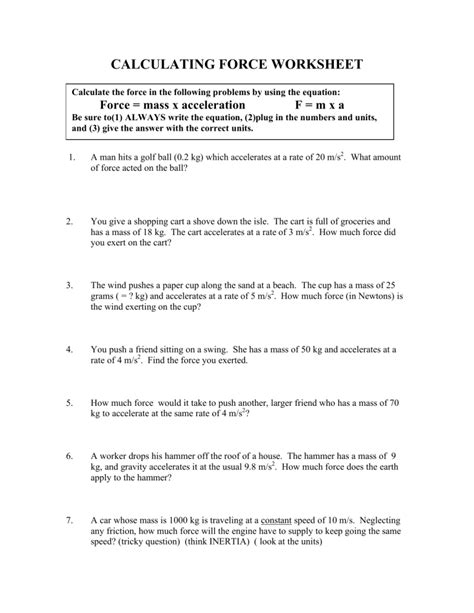 Calculating Force Worksheet Answers