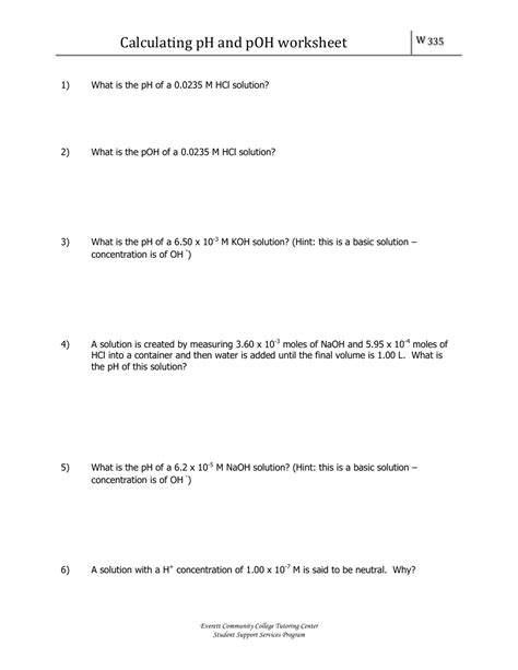 Calculating Ph And Poh Worksheet