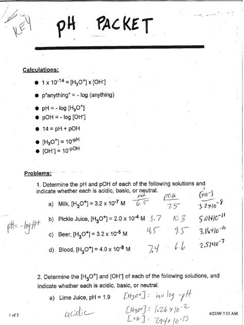 Calculating Ph Packet Answers