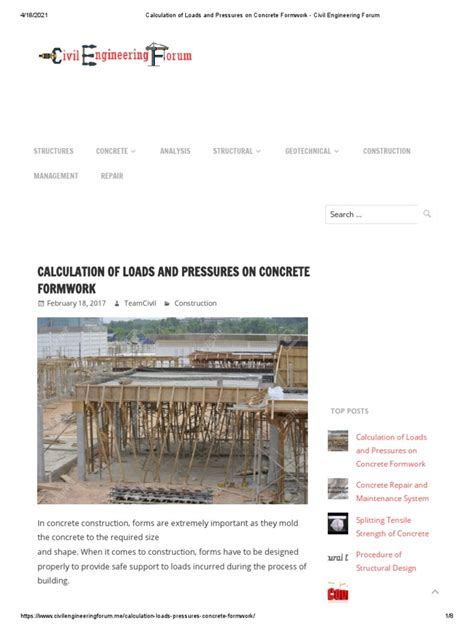Calculation of Loads and Pressures on Concrete Formwork Civil