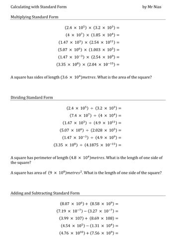 Calculations In Standard Form Worksheet with answers Teaching Resources